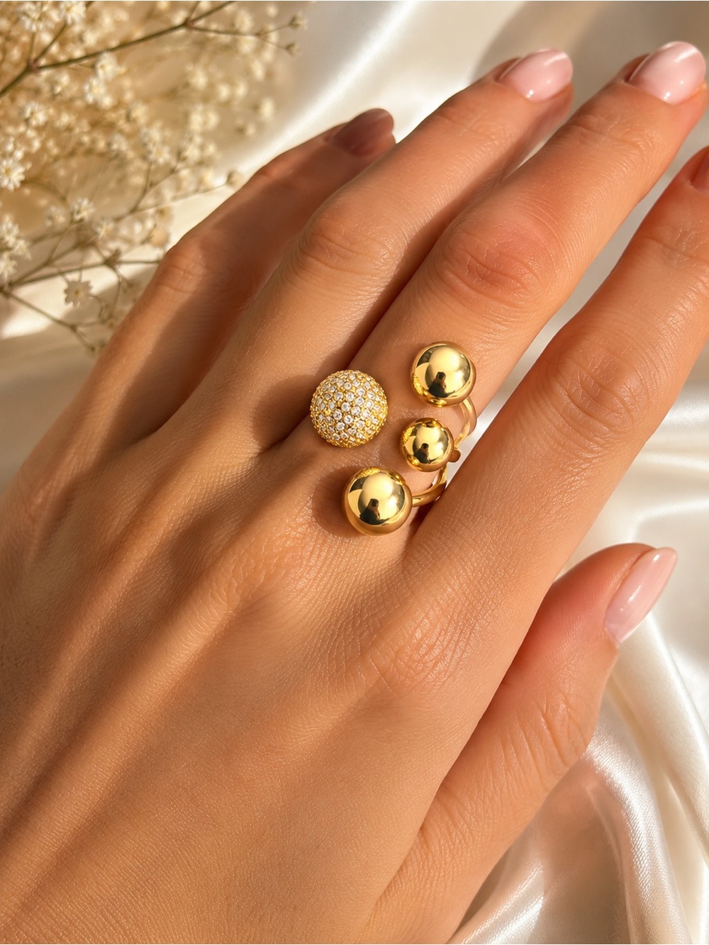 Zara Gold Tone Pave & Ball Statement Ring - Elegant Women's Fashion Jewelry NWOT